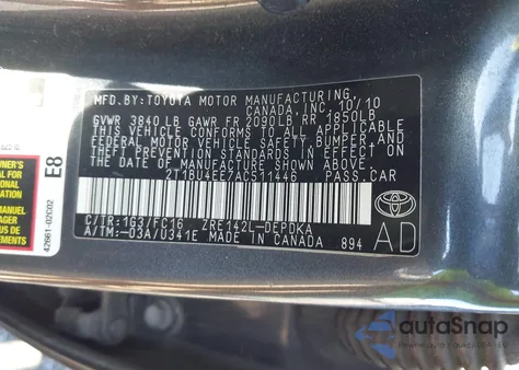 2010 Toyota Corolla Le/S/Xle из США, поврежденный, VIN 2T1BU4EE7AC511446